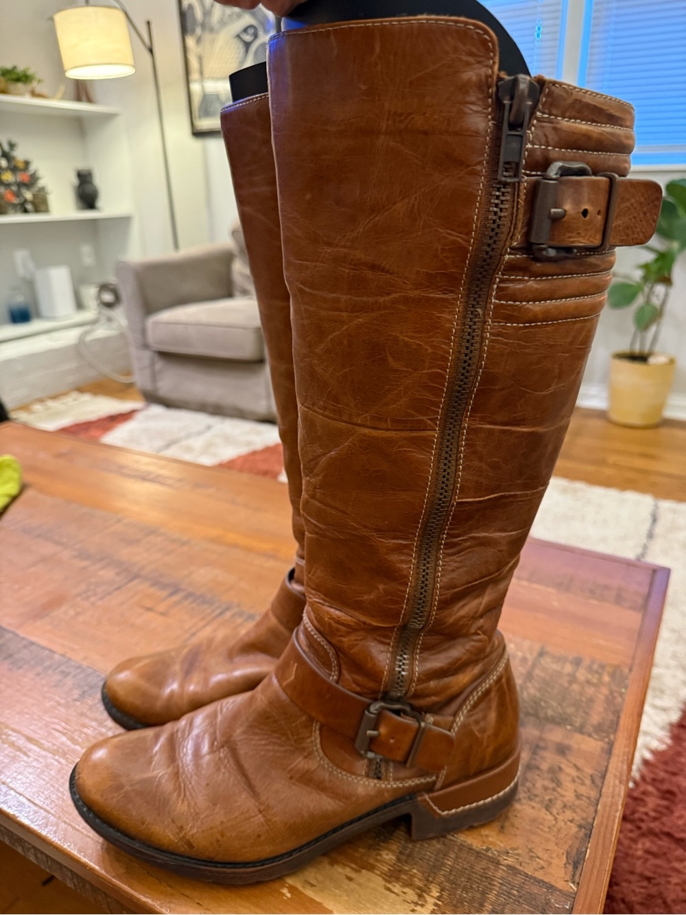 Sofft Tall Brown Leather Riding Boots with Buckle and Side Zip